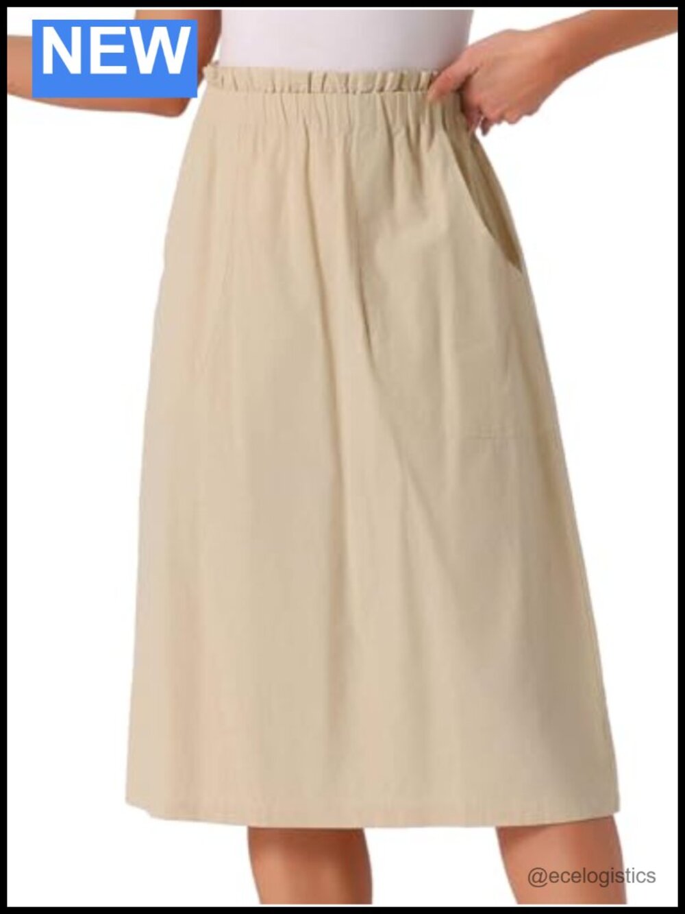Cotton A-Line Midi Skirt High Waist Elastic Relaxed Fit Slant Pockets Beige